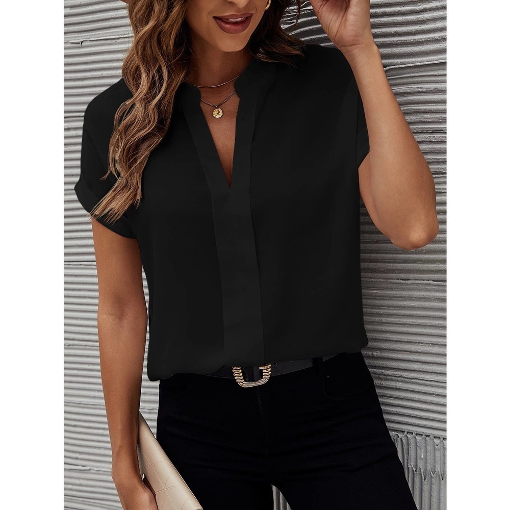 Notched V Neck Dolman Short Sleeve Minimalist Boho Blouse Black
